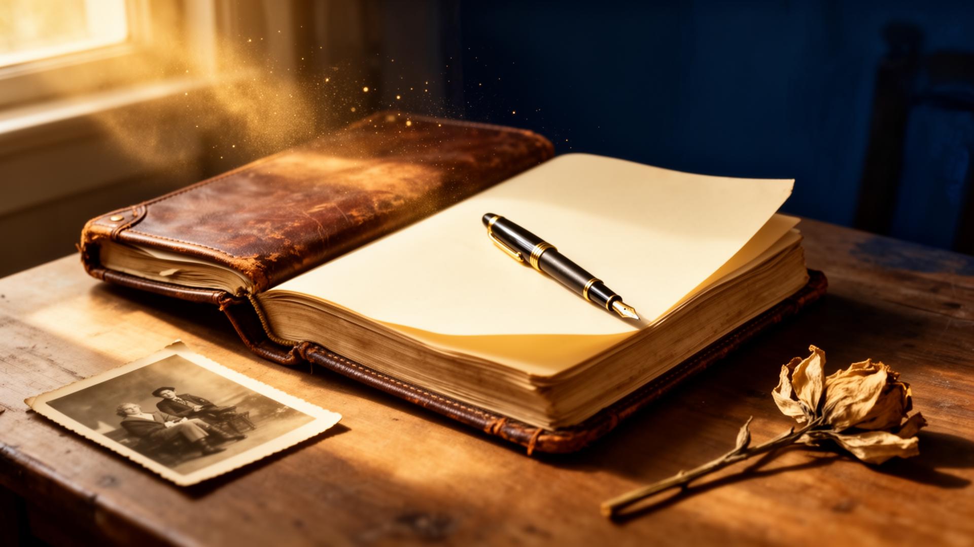 An open leather journal in golden afternoon light, with a fountain pen, a sepia photograph, and a pressed flower